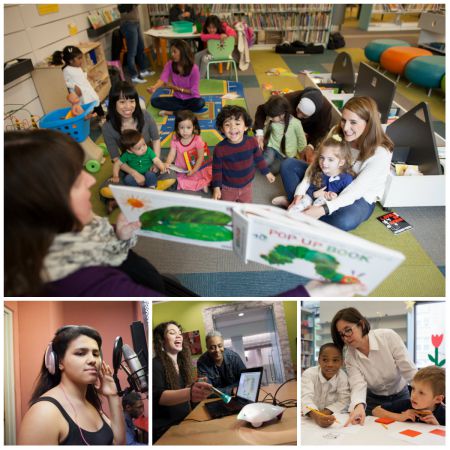 Top: children at story time. Bottom (L-R): YOUmedia teen recording music, playin with robot in Maker Lab, Teacher in the Library